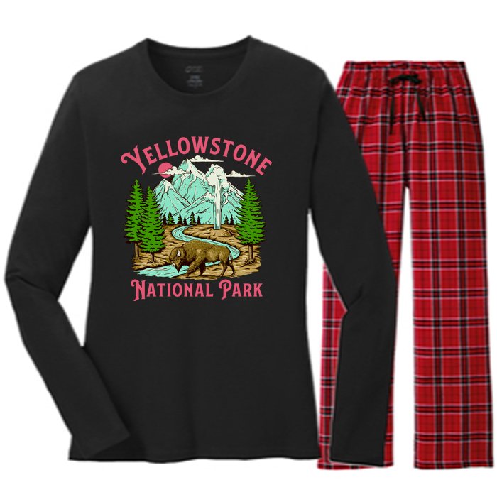 Yellowstone National Park Illustration Women's Long Sleeve Flannel Pajama Set 