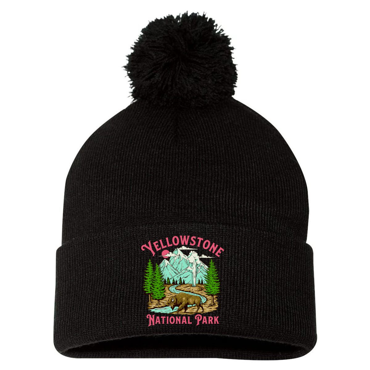 Yellowstone National Park Illustration Pom Pom 12in Knit Beanie