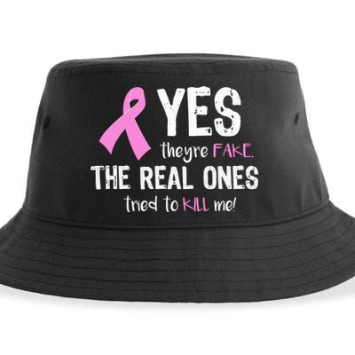 Yes They're Fake Funny Breast Cancer Sustainable Bucket Hat