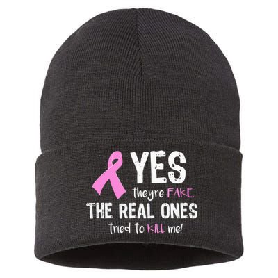 Yes They're Fake Funny Breast Cancer Sustainable Knit Beanie