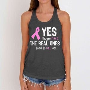 Yes They're Fake Funny Breast Cancer Women's Knotted Racerback Tank