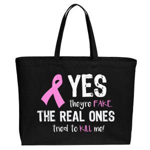 Yes They're Fake Funny Breast Cancer Cotton Canvas Jumbo Tote