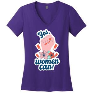 Yes Women Can Floral Women's V-Neck T-Shirt