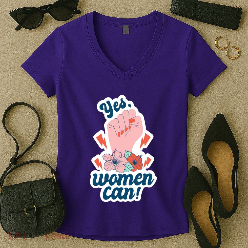 Yes Women Can Floral Women's V-Neck T-Shirt