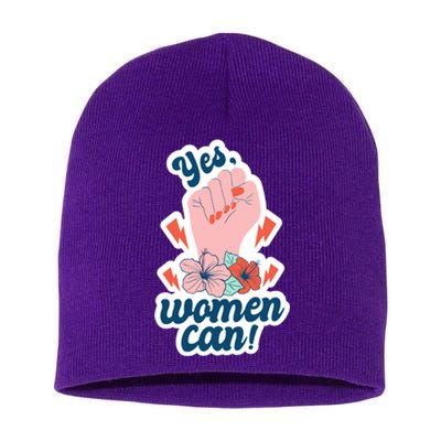 Yes Women Can Floral Short Acrylic Beanie