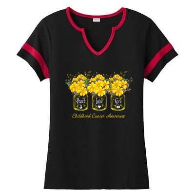 Yellow Flower Jar Peace Love Cure Childhood Cancer Ladies Halftime Notch Neck Tee