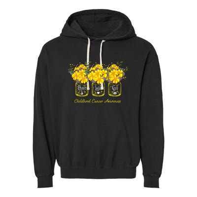 Yellow Flower Jar Peace Love Cure Childhood Cancer Garment-Dyed Fleece Hoodie