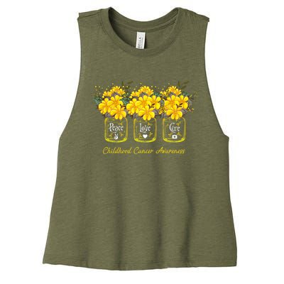 Yellow Flower Jar Peace Love Cure Childhood Cancer Women's Racerback Cropped Tank