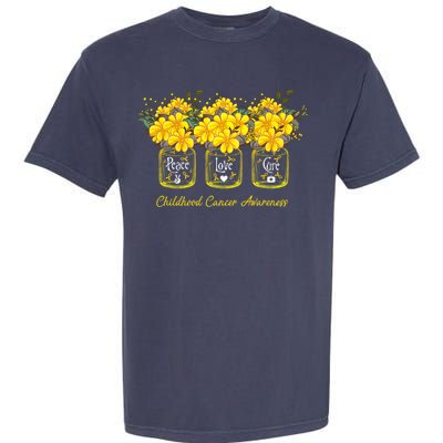 Yellow Flower Jar Peace Love Cure Childhood Cancer Garment-Dyed Heavyweight T-Shirt