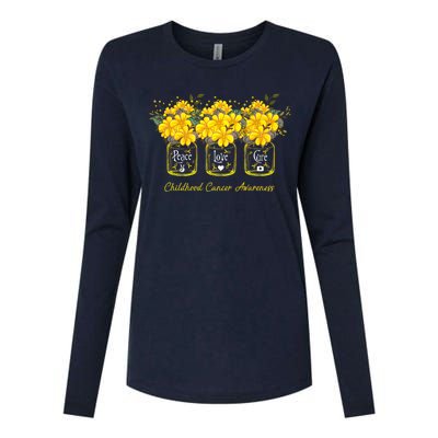 Yellow Flower Jar Peace Love Cure Childhood Cancer Womens Cotton Relaxed Long Sleeve T-Shirt