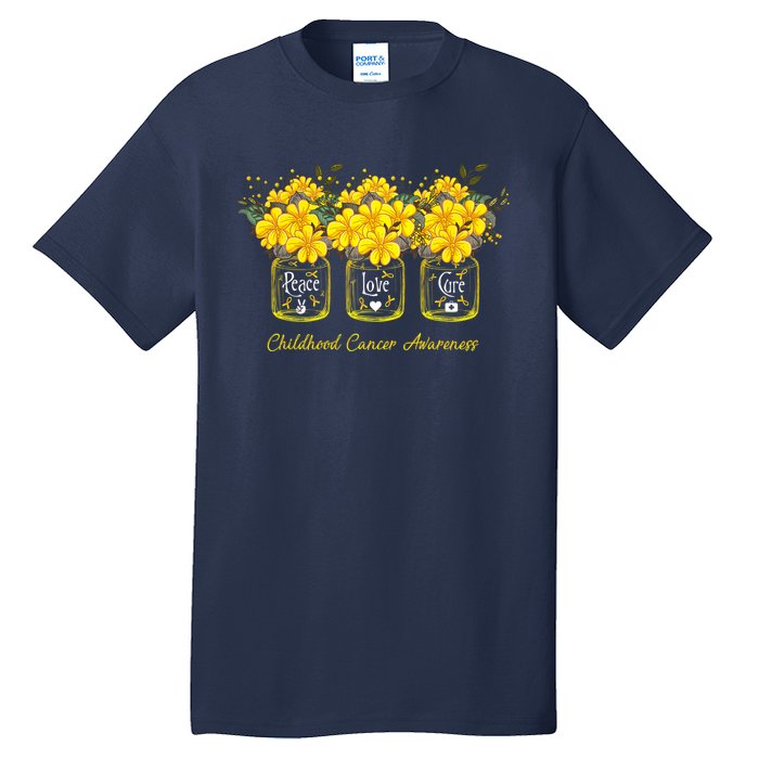 Yellow Flower Jar Peace Love Cure Childhood Cancer Tall T-Shirt