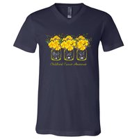 Yellow Flower Jar Peace Love Cure Childhood Cancer V-Neck T-Shirt