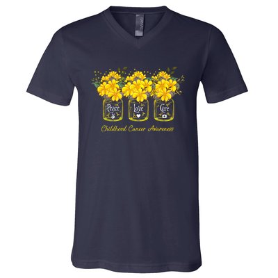 Yellow Flower Jar Peace Love Cure Childhood Cancer V-Neck T-Shirt