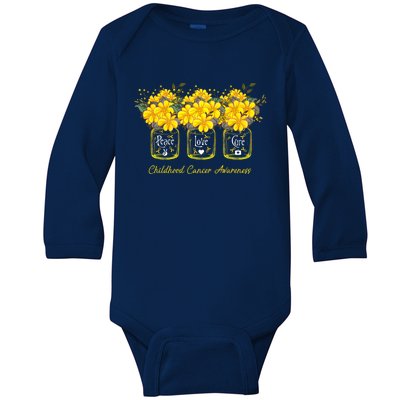 Yellow Flower Jar Peace Love Cure Childhood Cancer Baby Long Sleeve Bodysuit