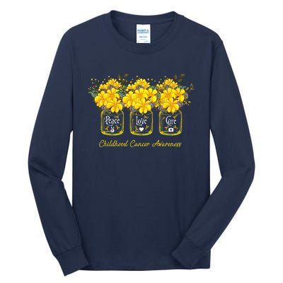 Yellow Flower Jar Peace Love Cure Childhood Cancer Tall Long Sleeve T-Shirt