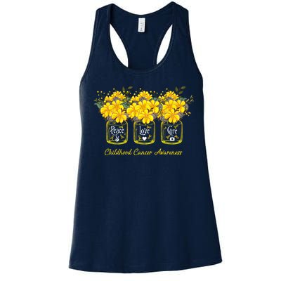 Yellow Flower Jar Peace Love Cure Childhood Cancer Women's Racerback Tank