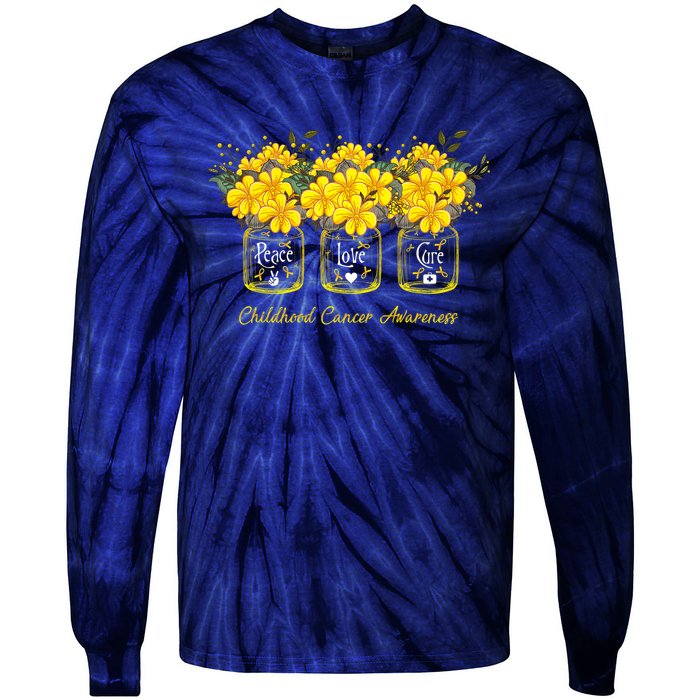 Yellow Flower Jar Peace Love Cure Childhood Cancer Tie-Dye Long Sleeve Shirt