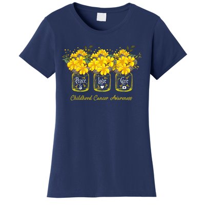 Yellow Flower Jar Peace Love Cure Childhood Cancer Women's T-Shirt