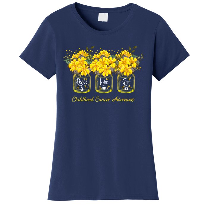 Yellow Flower Jar Peace Love Cure Childhood Cancer Women's T-Shirt