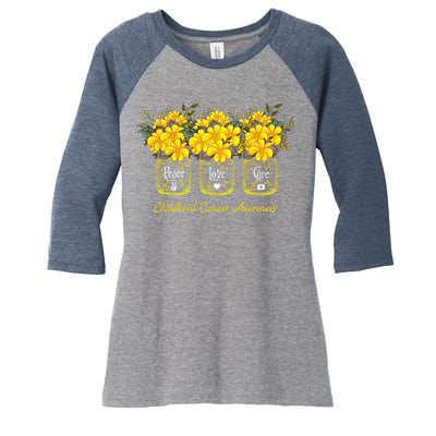 Yellow Flower Jar Peace Love Cure Childhood Cancer Women's Tri-Blend 3/4-Sleeve Raglan Shirt