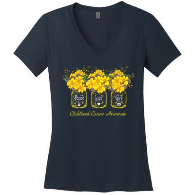 Yellow Flower Jar Peace Love Cure Childhood Cancer Women's V-Neck T-Shirt