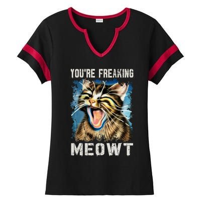 You're Freaking Meowt! Funny Cat Lover Vintage Cat Meow Meme Ladies Halftime Notch Neck Tee