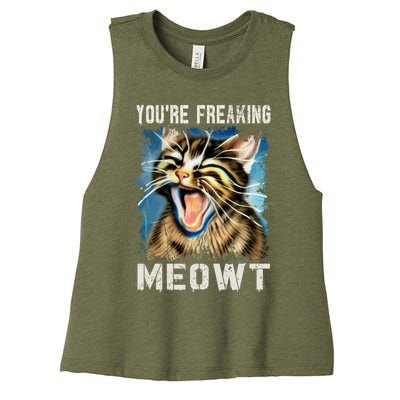 You're Freaking Meowt! Funny Cat Lover Vintage Cat Meow Meme Women's Racerback Cropped Tank