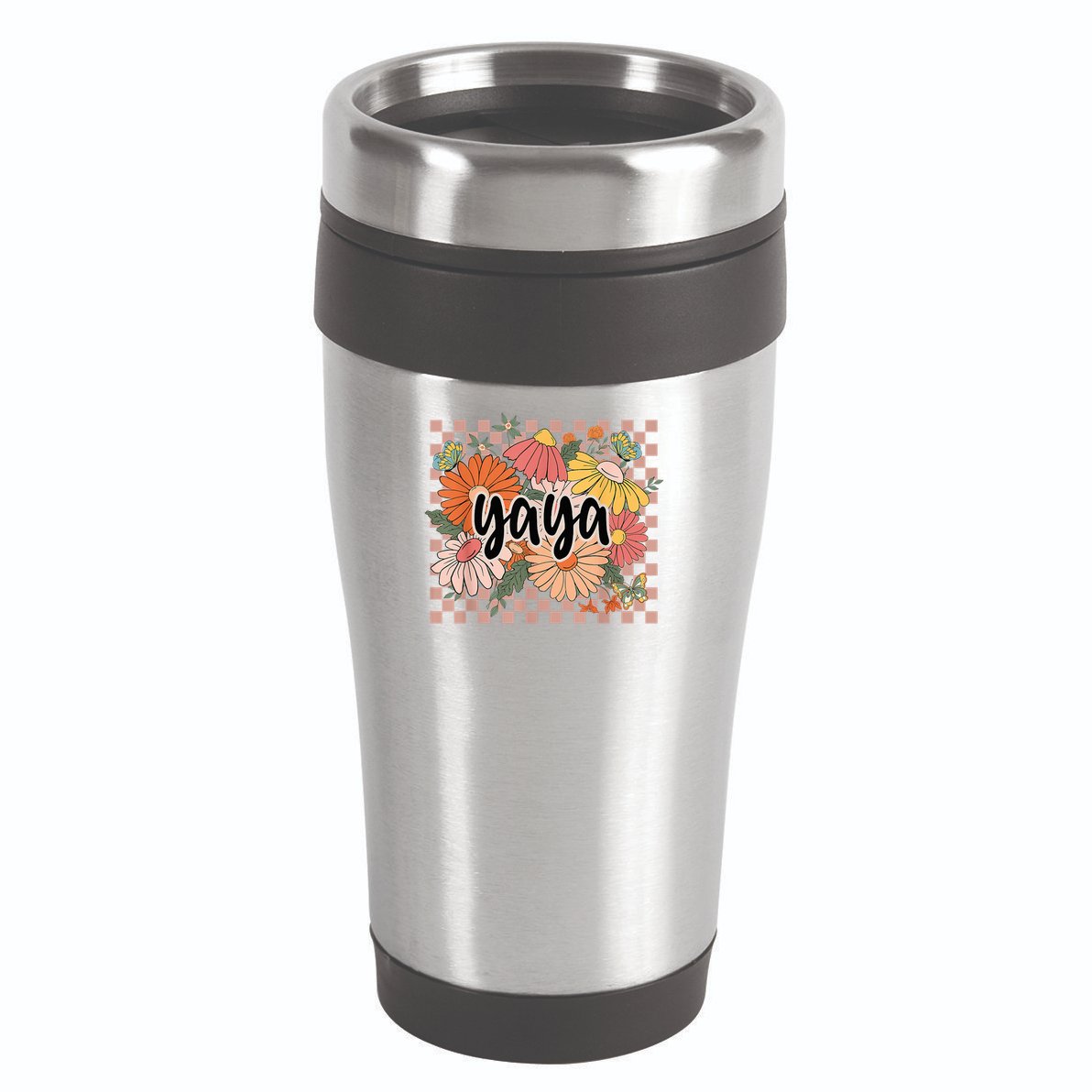Yaya Floral Mother's Day Wildflower Girl Checkered 16oz Travel Tumbler