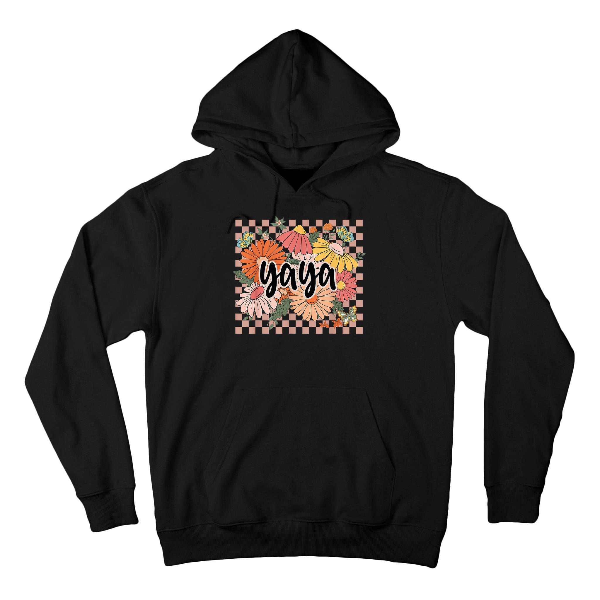 Yaya Floral Mother's Day Wildflower Girl Checkered Tall Hoodie