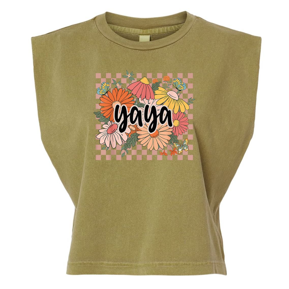 Yaya Floral Mother's Day Wildflower Girl Checkered Garment-Dyed Women's Muscle Tee