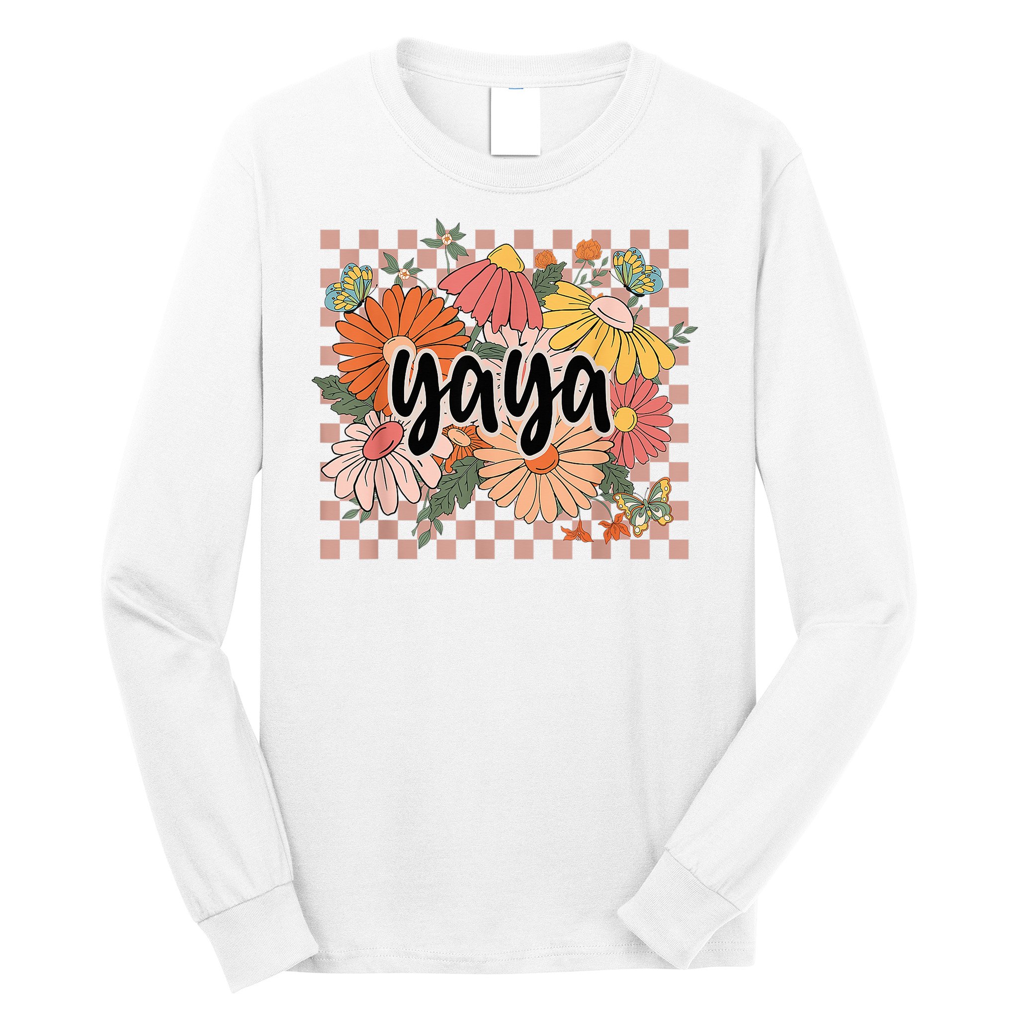 Yaya Floral Mother's Day Wildflower Girl Checkered Long Sleeve Shirt