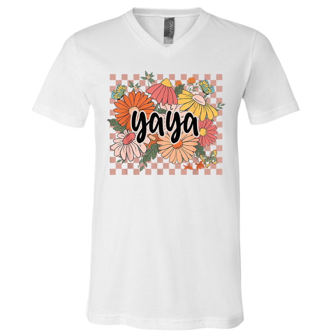Yaya Floral Mother's Day Wildflower Girl Checkered V-Neck T-Shirt