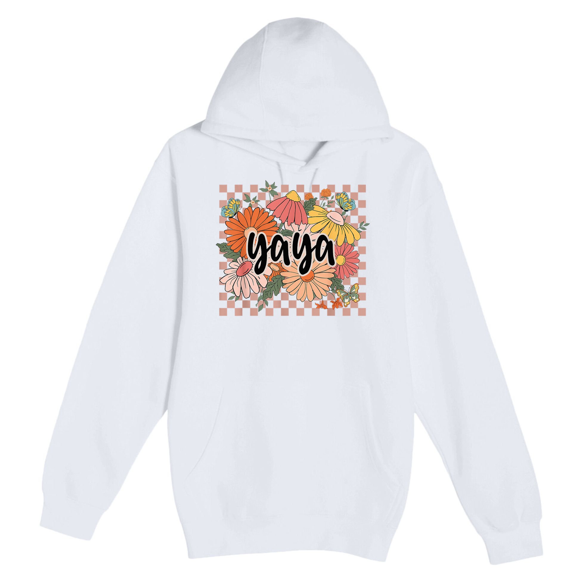 Yaya Floral Mother's Day Wildflower Girl Checkered Premium Pullover Hoodie