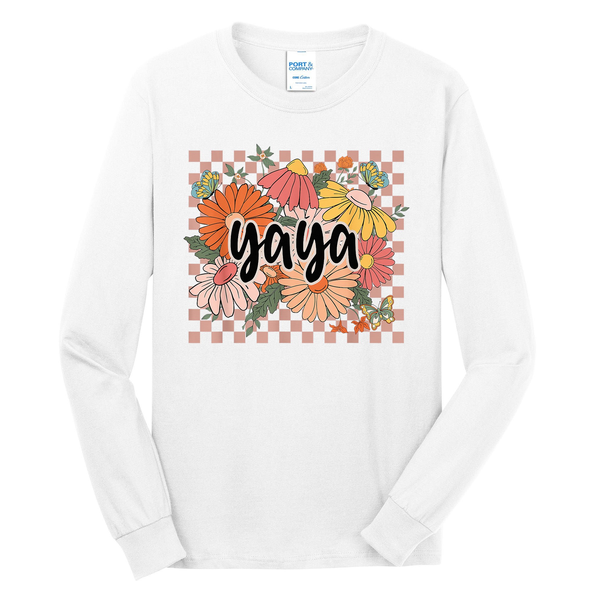 Yaya Floral Mother's Day Wildflower Girl Checkered Tall Long Sleeve T-Shirt
