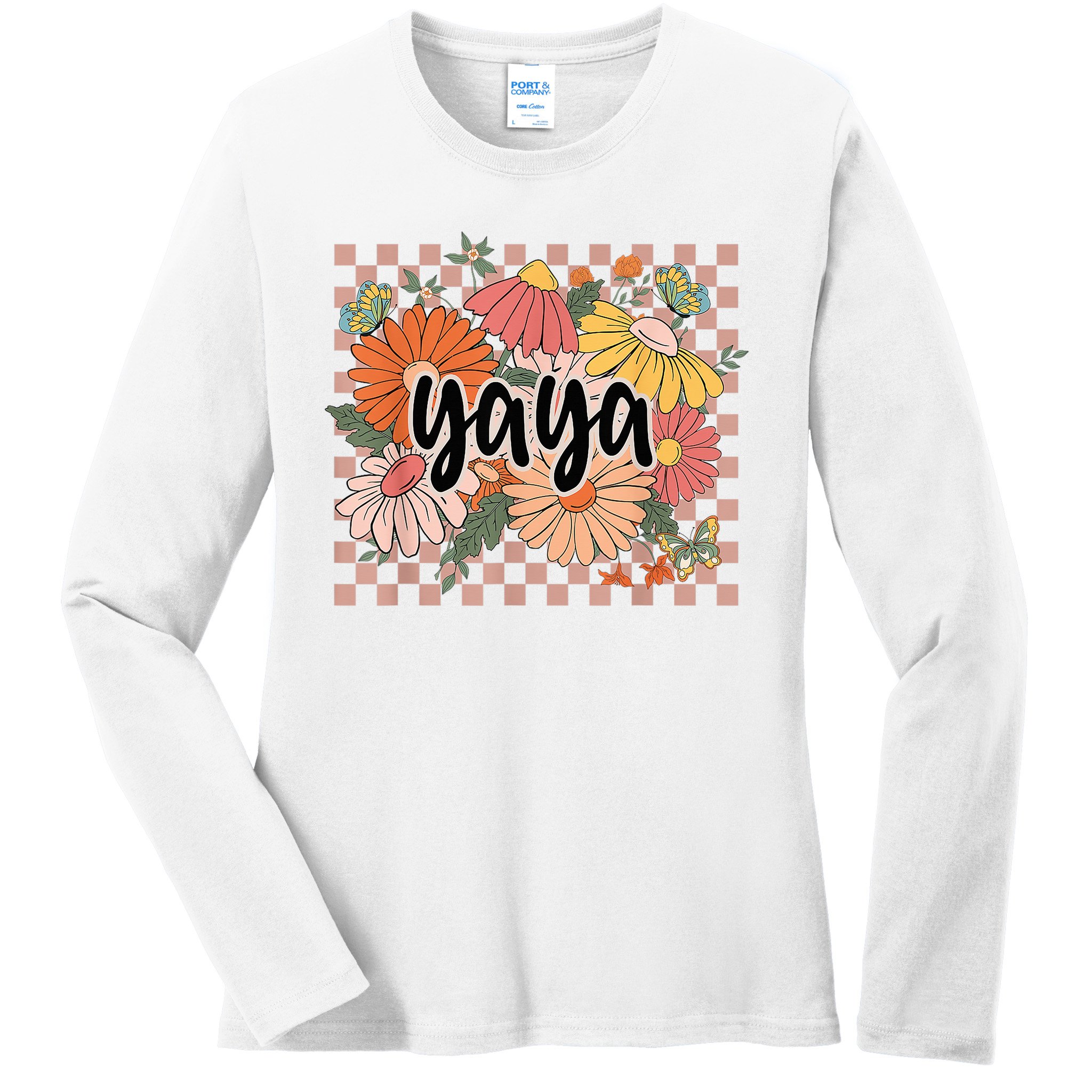 Yaya Floral Mother's Day Wildflower Girl Checkered Ladies Long Sleeve Shirt