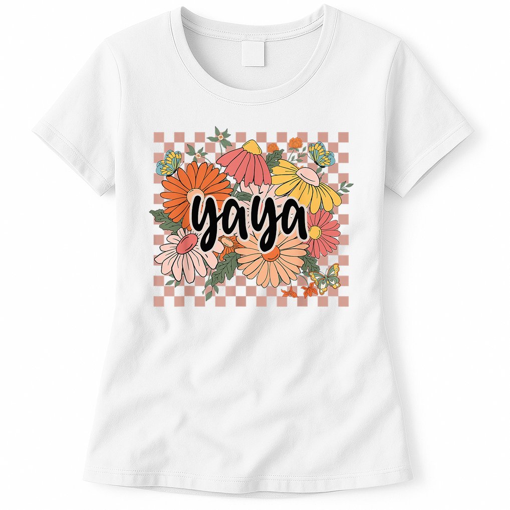 Yaya Floral Mother's Day Wildflower Girl Checkered Womens T-Shirt