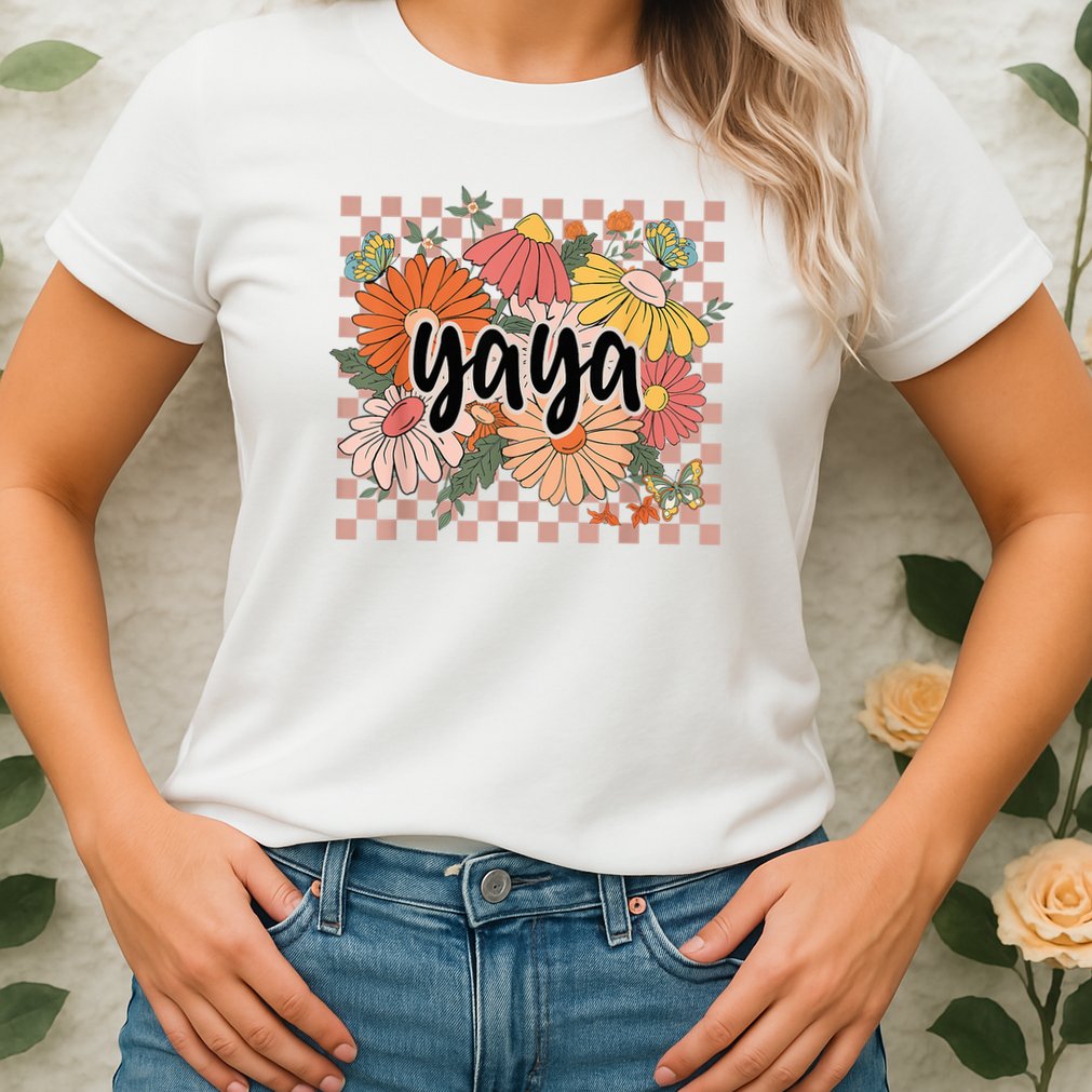 Yaya Floral Mother's Day Wildflower Girl Checkered Womens T-Shirt