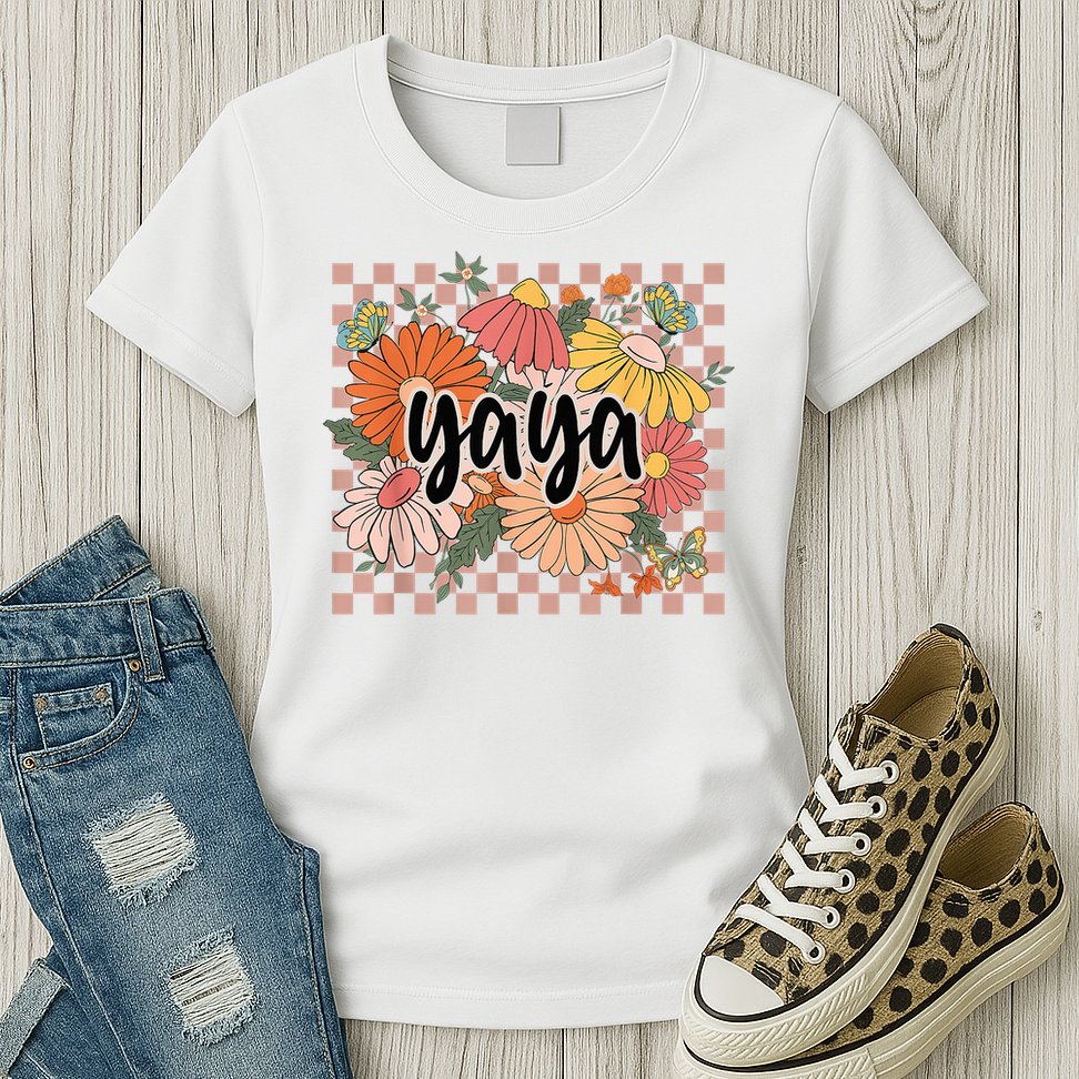 Yaya Floral Mother's Day Wildflower Girl Checkered Womens T-Shirt
