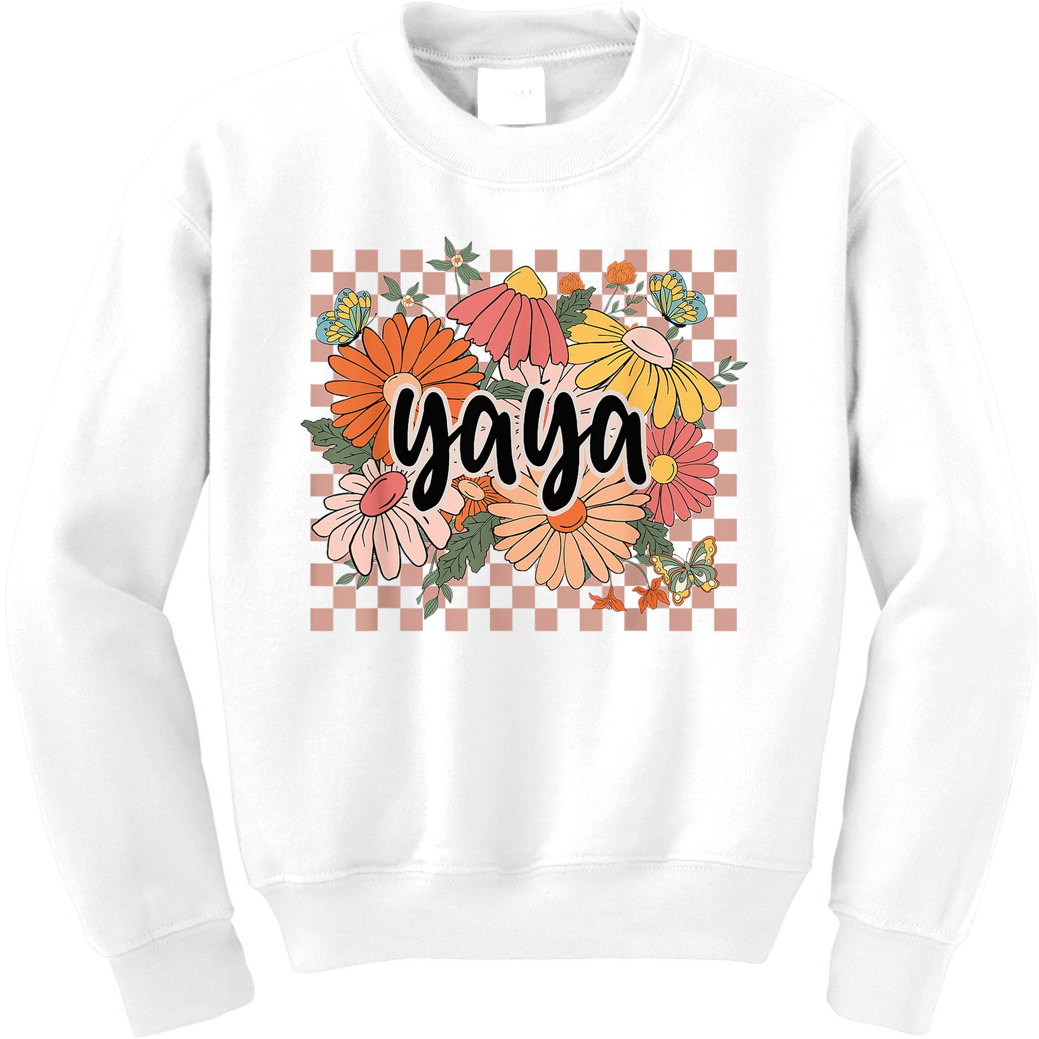 Yaya Floral Mother's Day Wildflower Girl Checkered Kids Sweatshirt