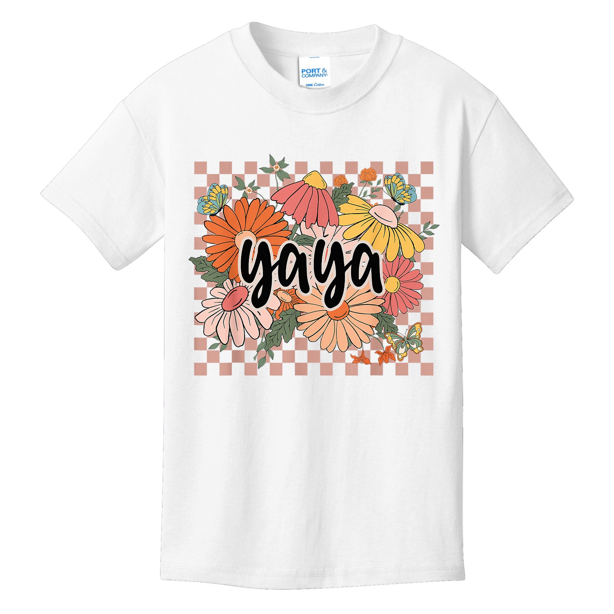 Yaya Floral Mother's Day Wildflower Girl Checkered Kids T-Shirt