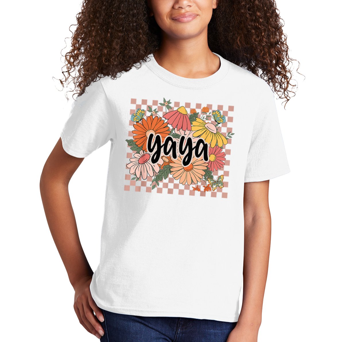 Yaya Floral Mother's Day Wildflower Girl Checkered Kids T-Shirt