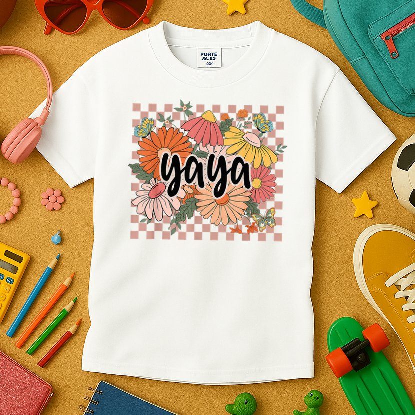 Yaya Floral Mother's Day Wildflower Girl Checkered Kids T-Shirt
