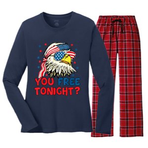 You Free Tonight Bald Eagle Mullet American Flag 4th Of July Women's Long Sleeve Flannel Pajama Set 