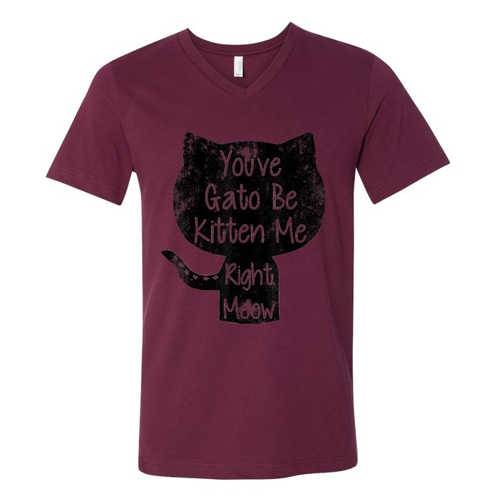 You Gato Be Kitten Me Right Meow Distressed Cat Pun V-Neck T-Shirt