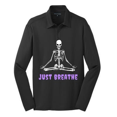 Yoga Gothic Goth Skeleton Just Breathe Meditation Skeleton Meaningful Gift Silk Touch Performance Long Sleeve Polo