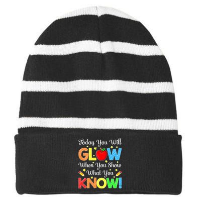 You Glow Show What You Know Teacher Test Day Striped Beanie with Solid Band