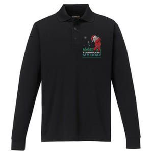 Your Hole Is My Goal Santa Claus Golf Ugly Christmas Sweater Performance Long Sleeve Polo