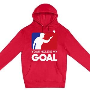 Your Hole Is My Goal Funny Cornhole Player Bean Bag Game Premium Pullover Hoodie