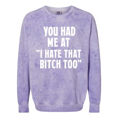 You Had Me At I Hate That Bitch Too Cute Gift Funny Bff Diva Cool Gift Colorblast Crewneck Sweatshirt