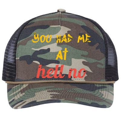 You Had Me At Hell No Funny Rejection Novelty Hello Parody Retro Rope Trucker Hat Cap